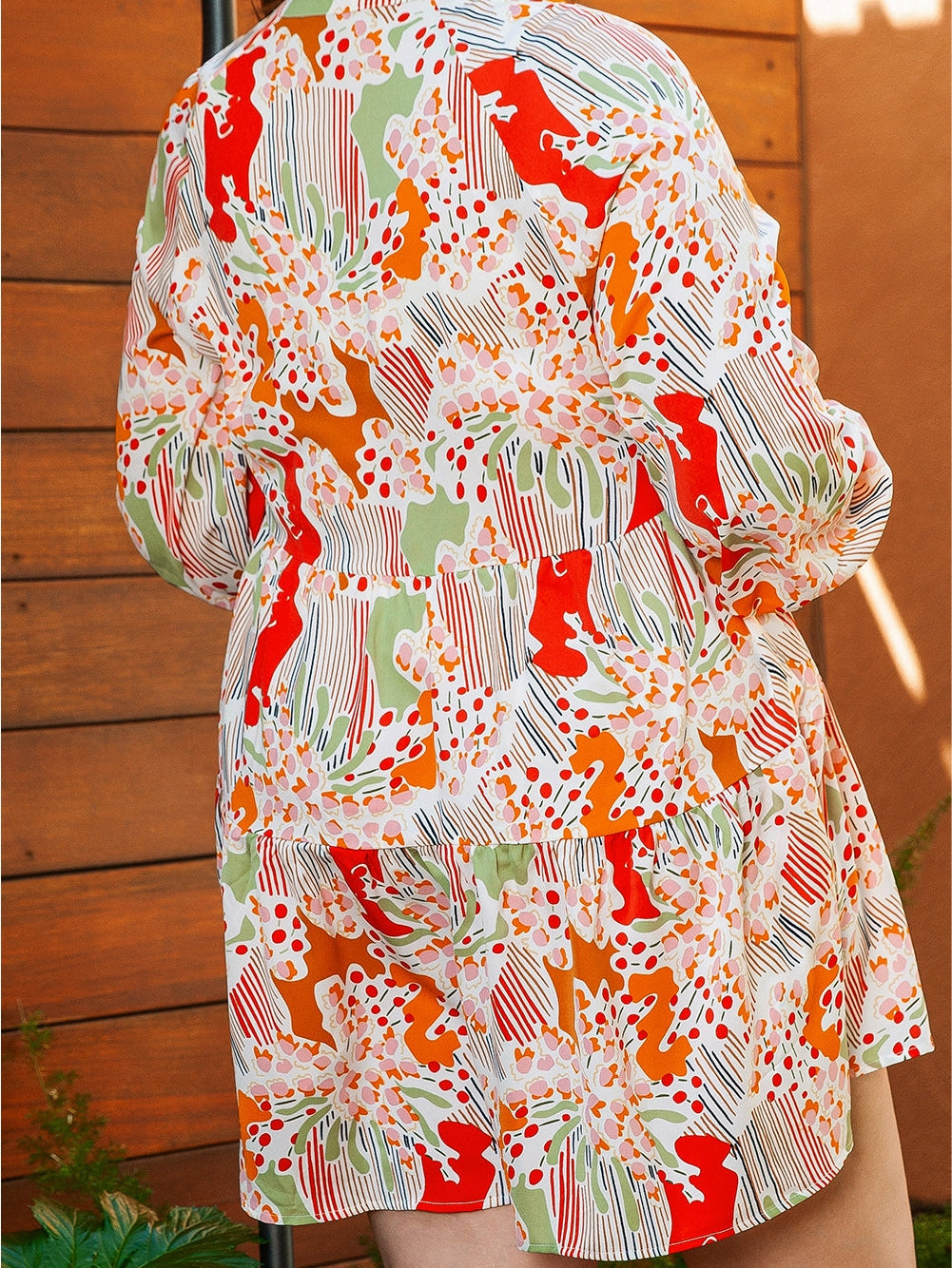 Multicolour Plus Size Mix Floral Puff Sleeve Ruffled Dress