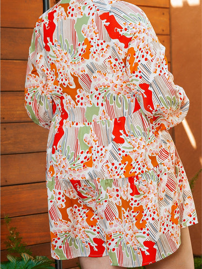 Multicolour Plus Size Mix Floral Puff Sleeve Ruffled Dress