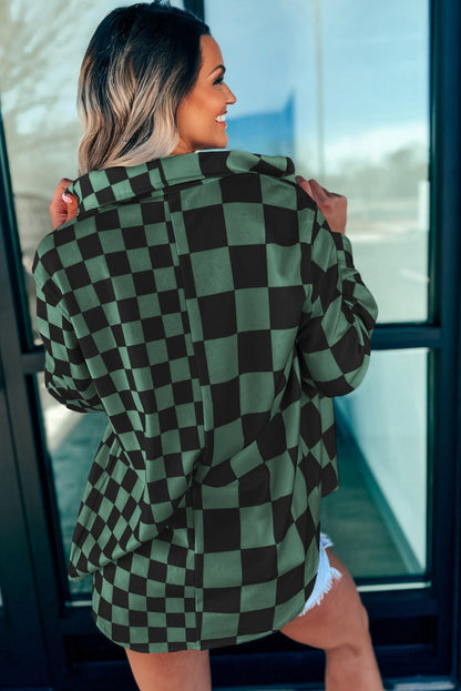 Green Checkerboard Flap Pocket Button Front Shacket