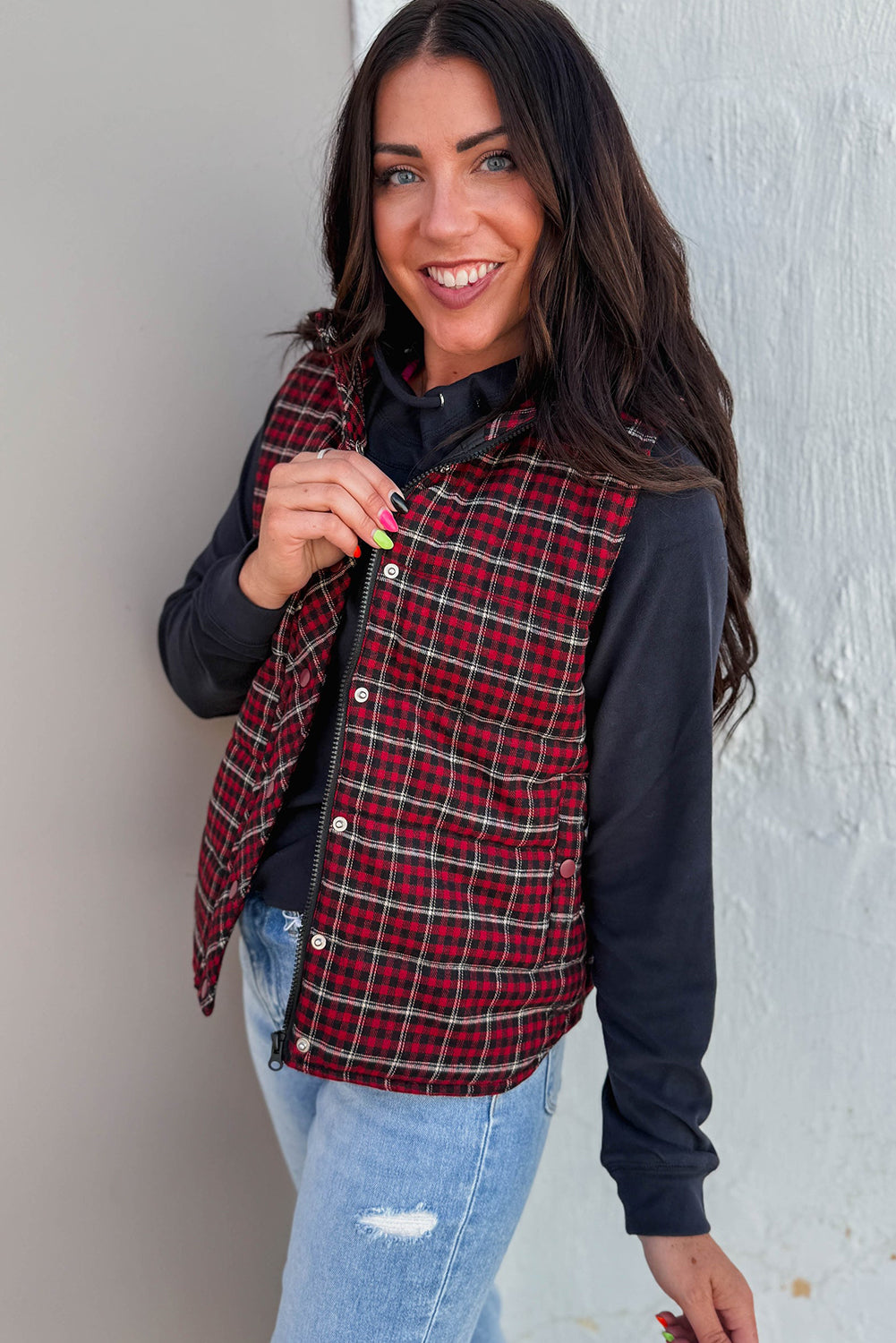 Red Retro Plaid Snap Button Zip Up Winter Vest