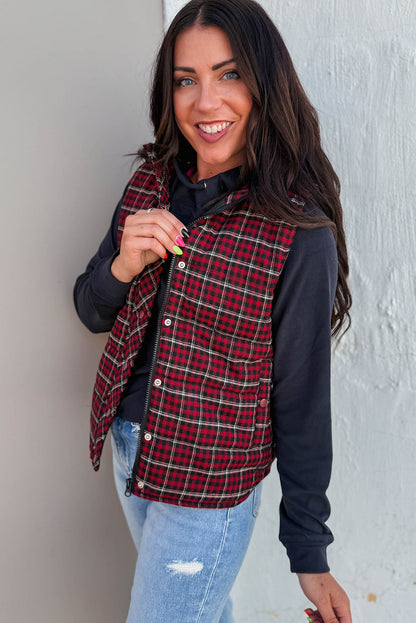 Red Retro Plaid Snap Button Zip Up Winter Vest