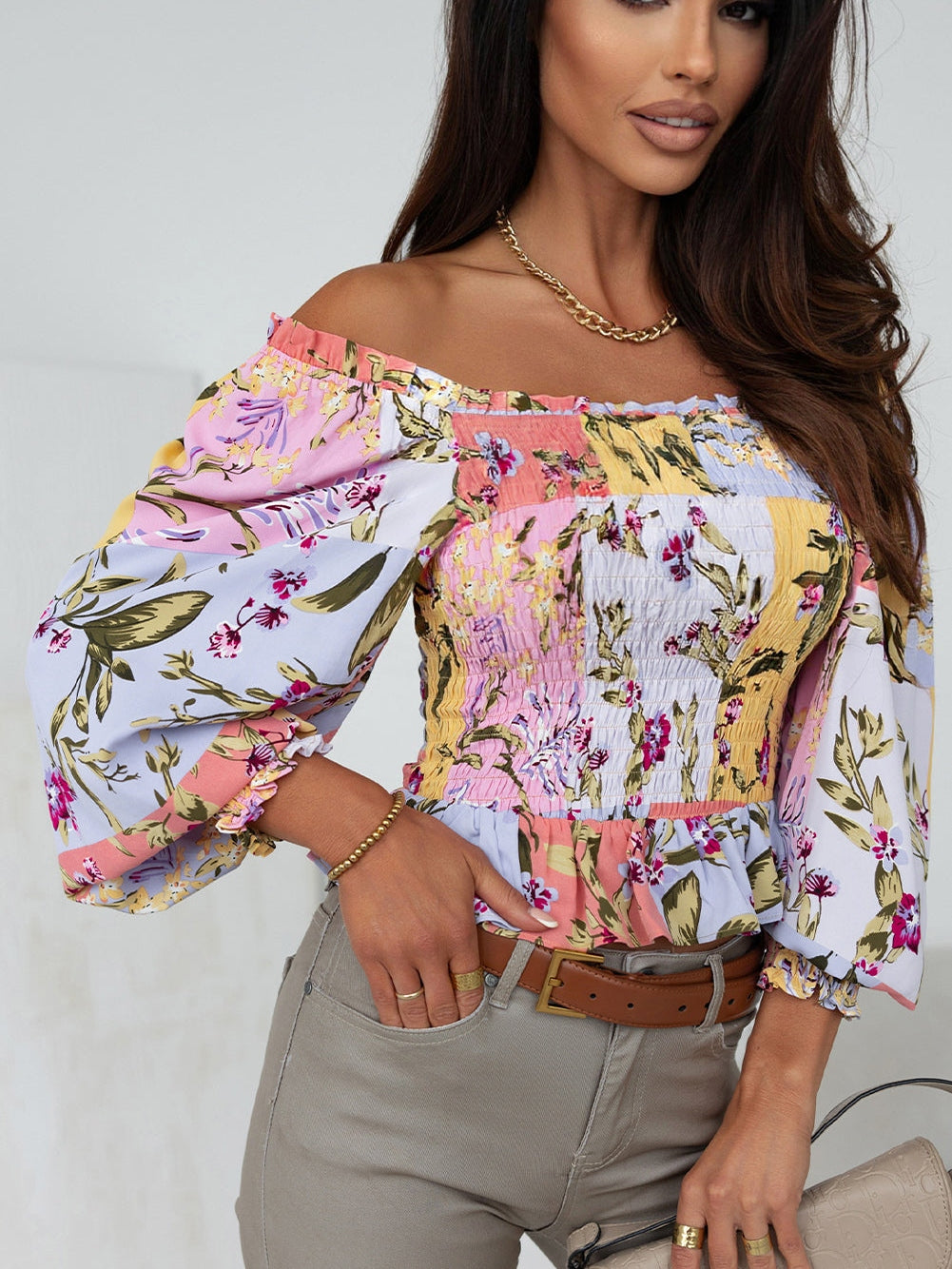 Floral Square Neck Smocked Blouse with Frilled Trim