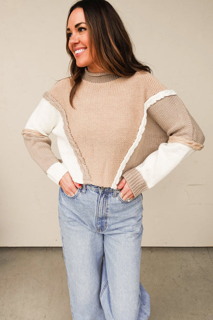 Khaki Braided Trim Color Block Patchwork Knit Sweater
