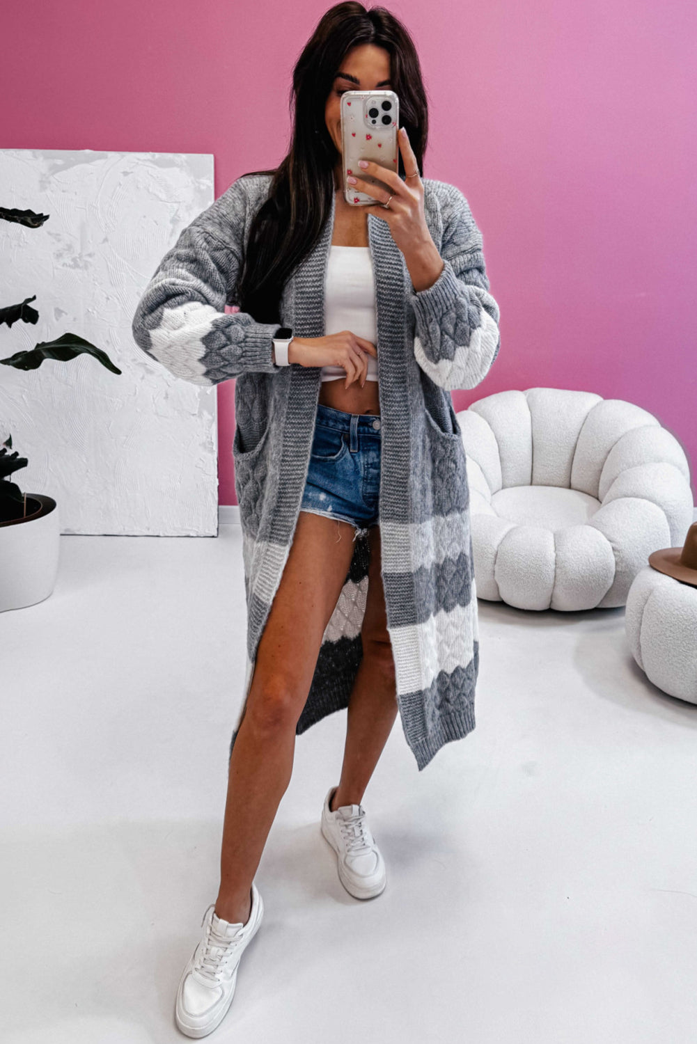 Gray Color Block Side Pockets Open Front Long Cardigan