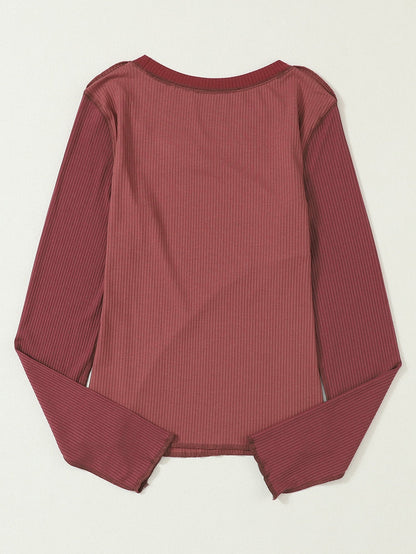 Fiery Red Color Block Ribbed Knit Top with Exposed Seams