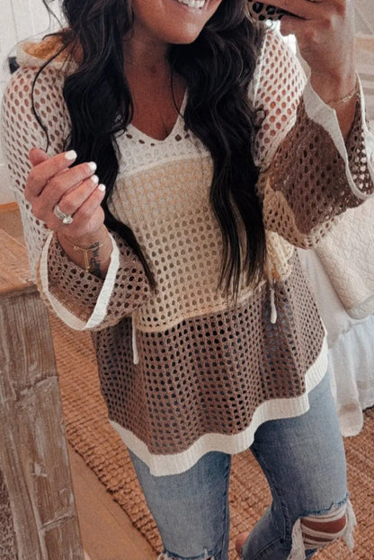Brown Color Block Hollow Out Knit Loose Hooded Sweater