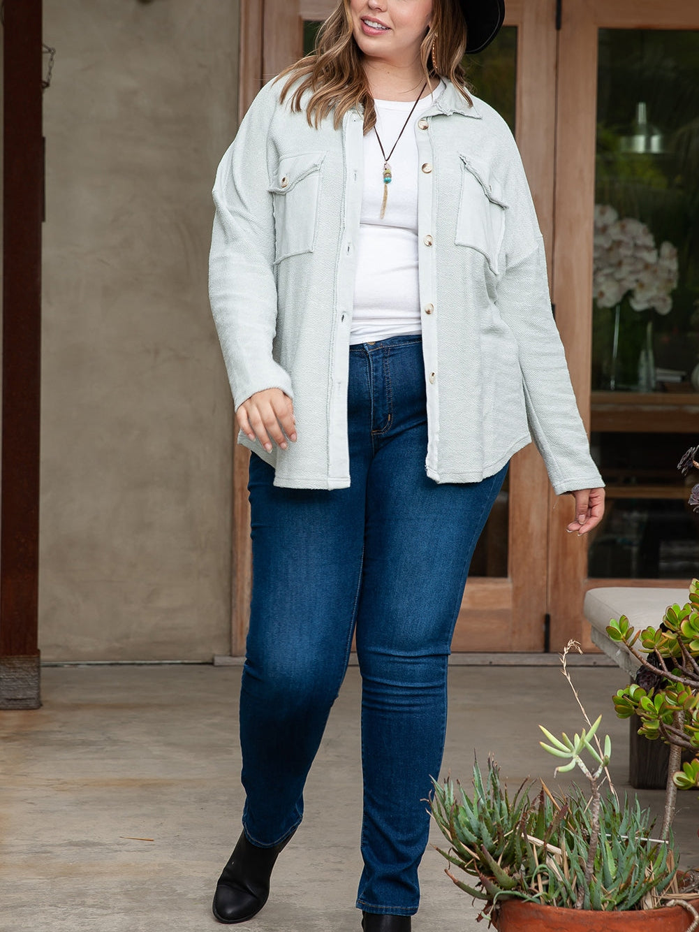 Gray Exposed Seam Flap Pocket Plus Size Shacket