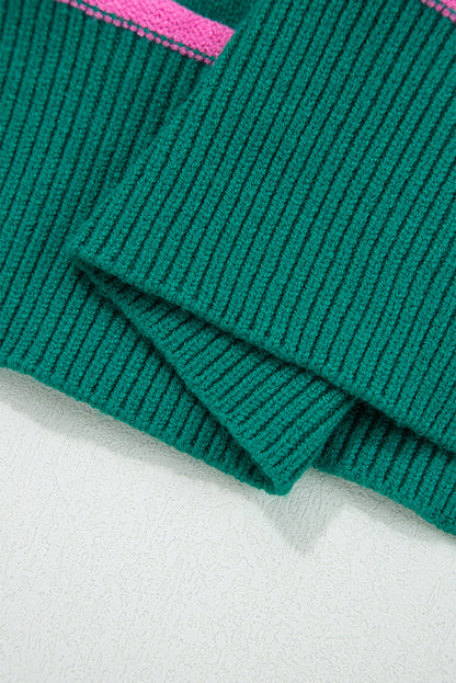 Green Stripe Half Buttons Drop Shoulder Plus Size Sweater