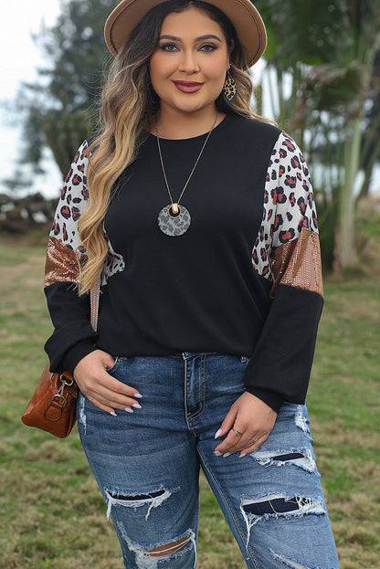 Leopard Print Sequin Embellished Plus Size Top with Long Sleeves