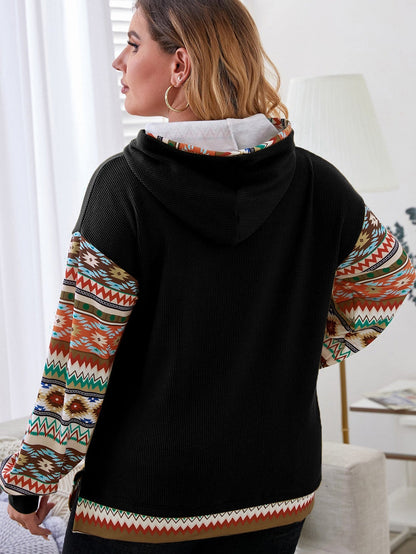 Black Aztec Patchwork Sleeve Waffle Drawstring Plus Hoodie