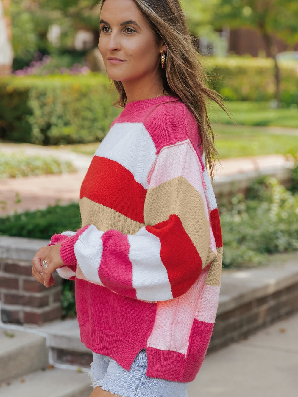 Fiery Red Mix Horizon Stripes Dolman Sleeve Pullover Sweater