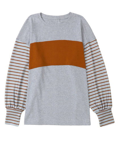 Elegant Grey Striped Bishop Sleeve Top