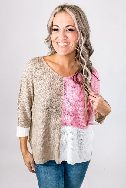 Pink Color Block Knit V Neck Loose Sweater