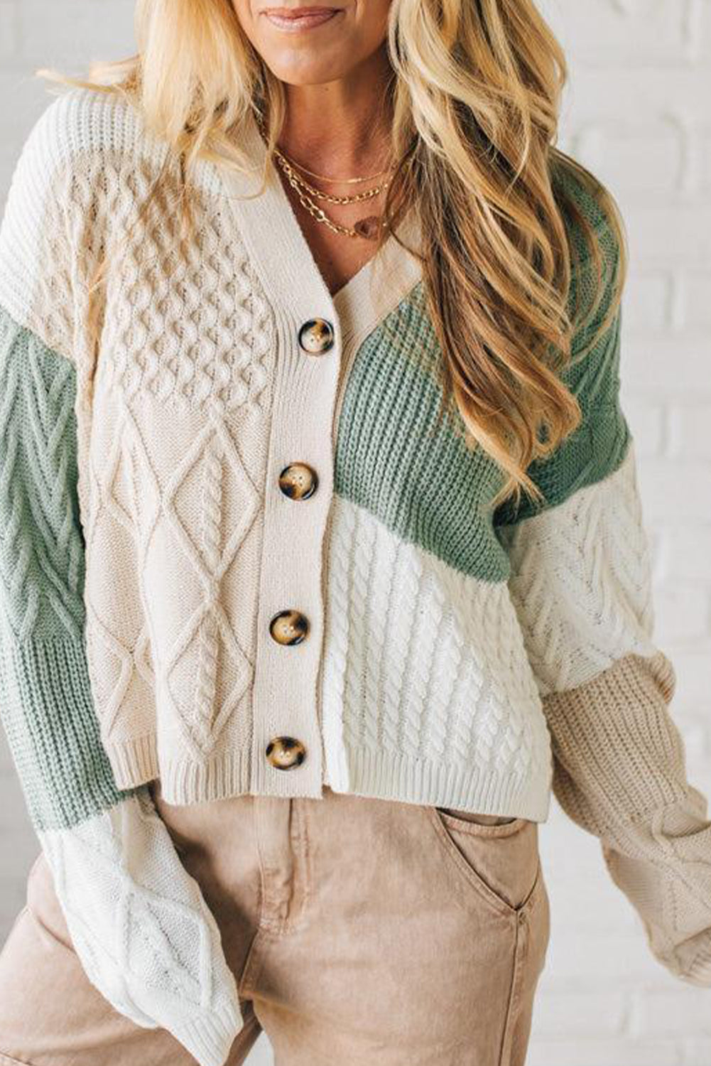 Parchment Mix Texture Knitted Color Block Button Down V Neck Sweater Cardigan