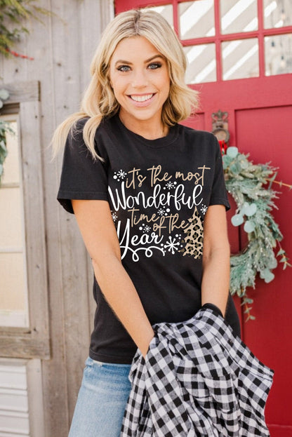 Festive Black Leopard Graphic Tee with Christmas Vibes