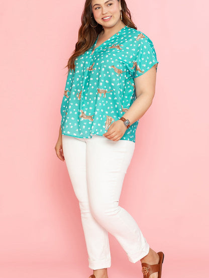 Green Cheetah Print V Neck Short Sleeve Plus Top