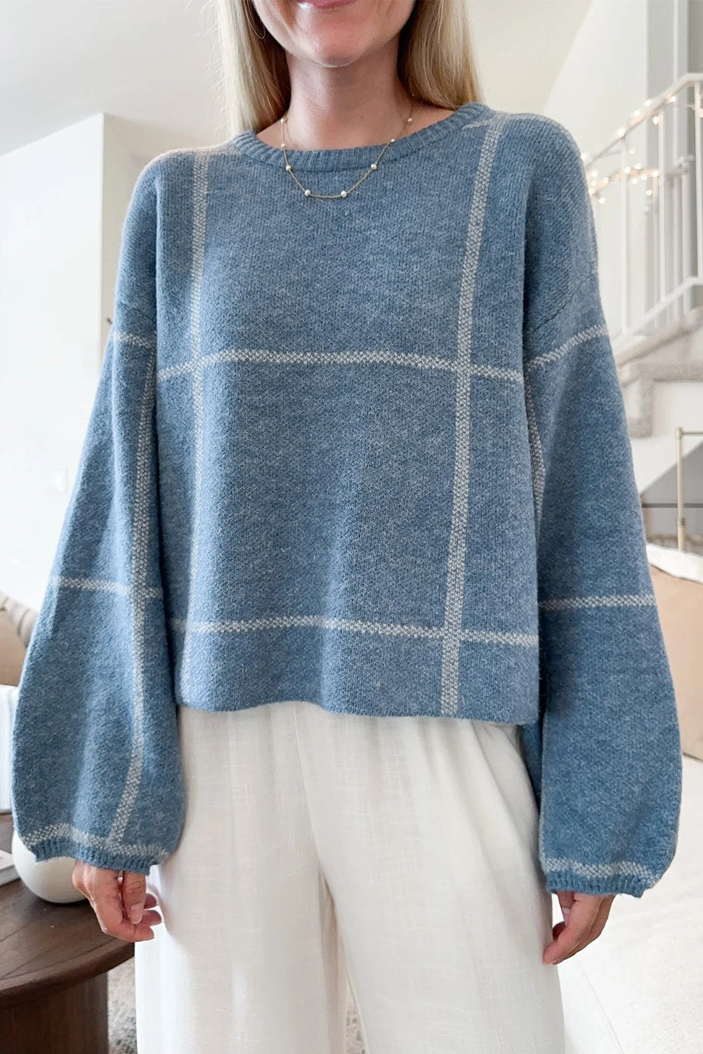 Dusk Blue Classic Plaid Drop Shoulder Loose Sweater