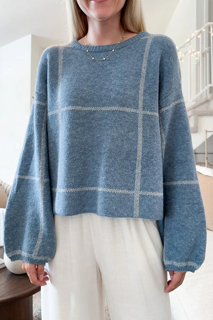 Dusk Blue Classic Plaid Drop Shoulder Loose Sweater