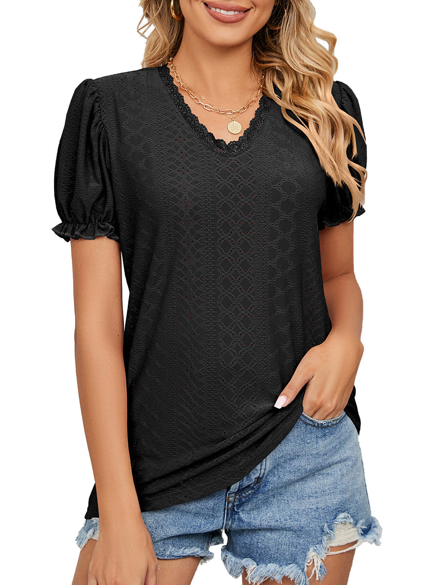 Solid Color Lace Stitching Hollow V-Neck T-Shirt