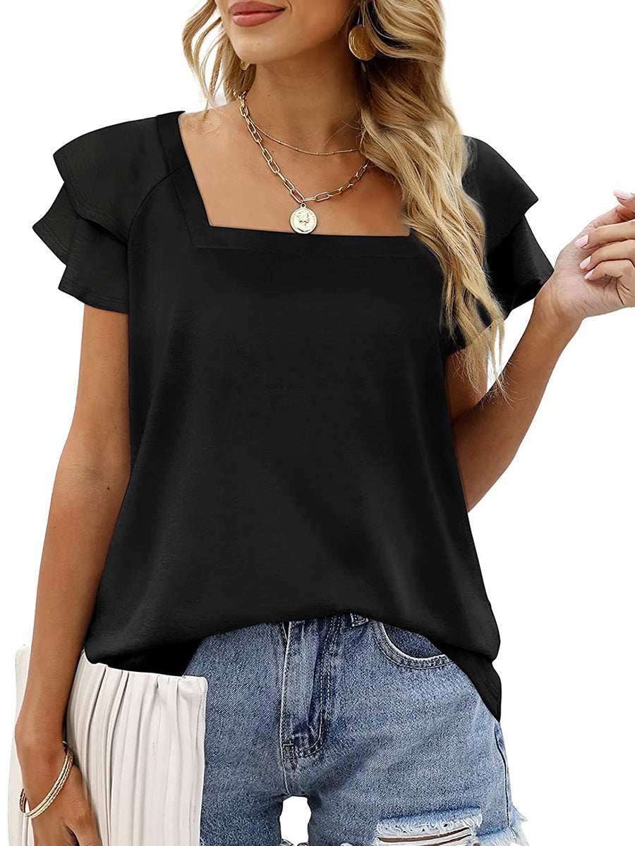T-Shirts - Solid Color Square Neck Double Layer Petal Sleeve T-Shirt - MsDressly