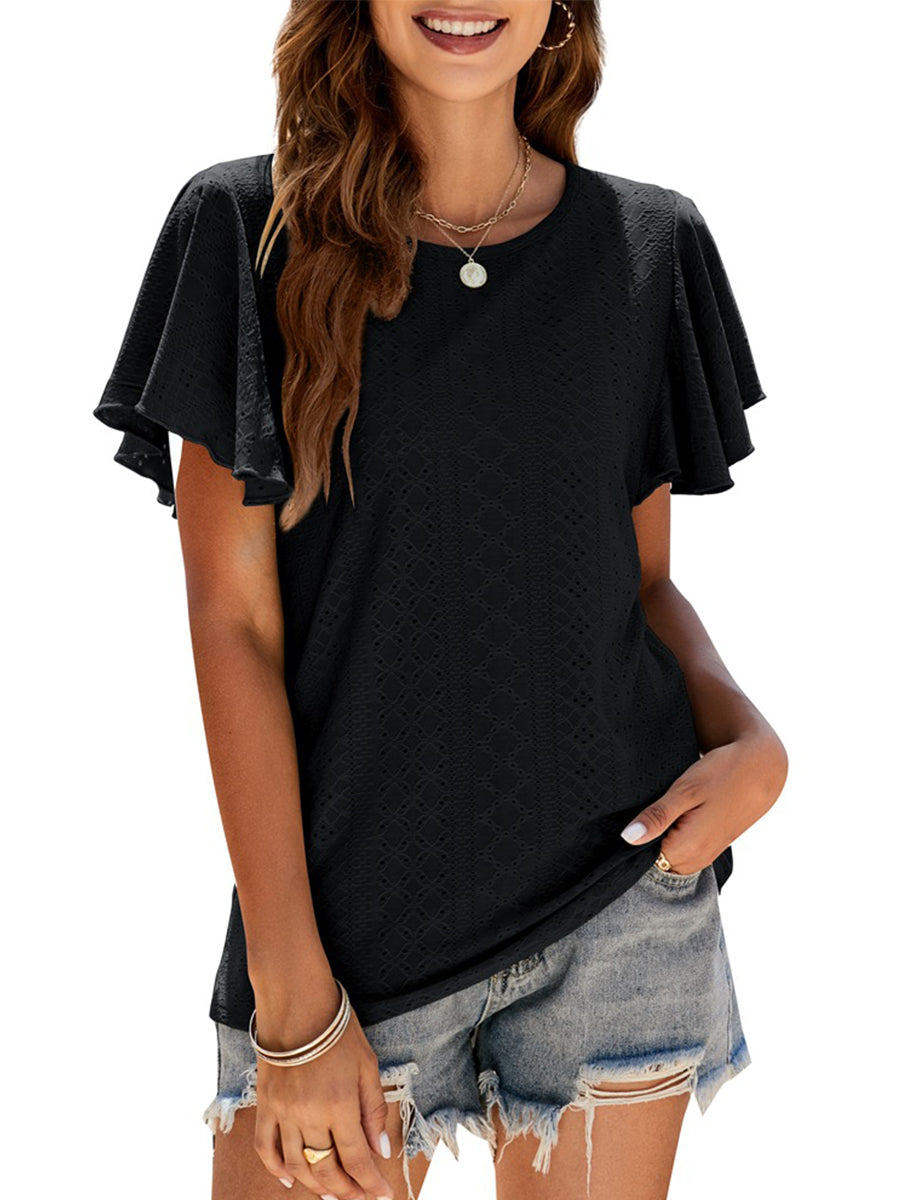 T-Shirts - Hollow Ruffle Sleeve Casual Round Neck T-Shirt - MsDressly