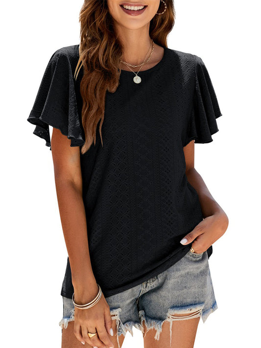 Hollow Ruffle Sleeve Casual Round Neck T-Shirt