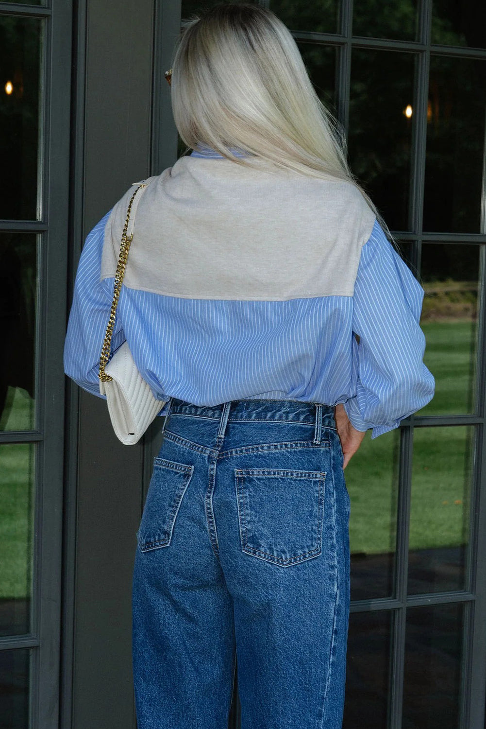 Sky Blue Knot Front Faux Two Piece Patchwork Shirt