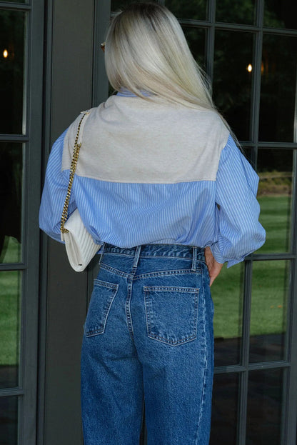 Sky Blue Knot Front Faux Two Piece Patchwork Shirt