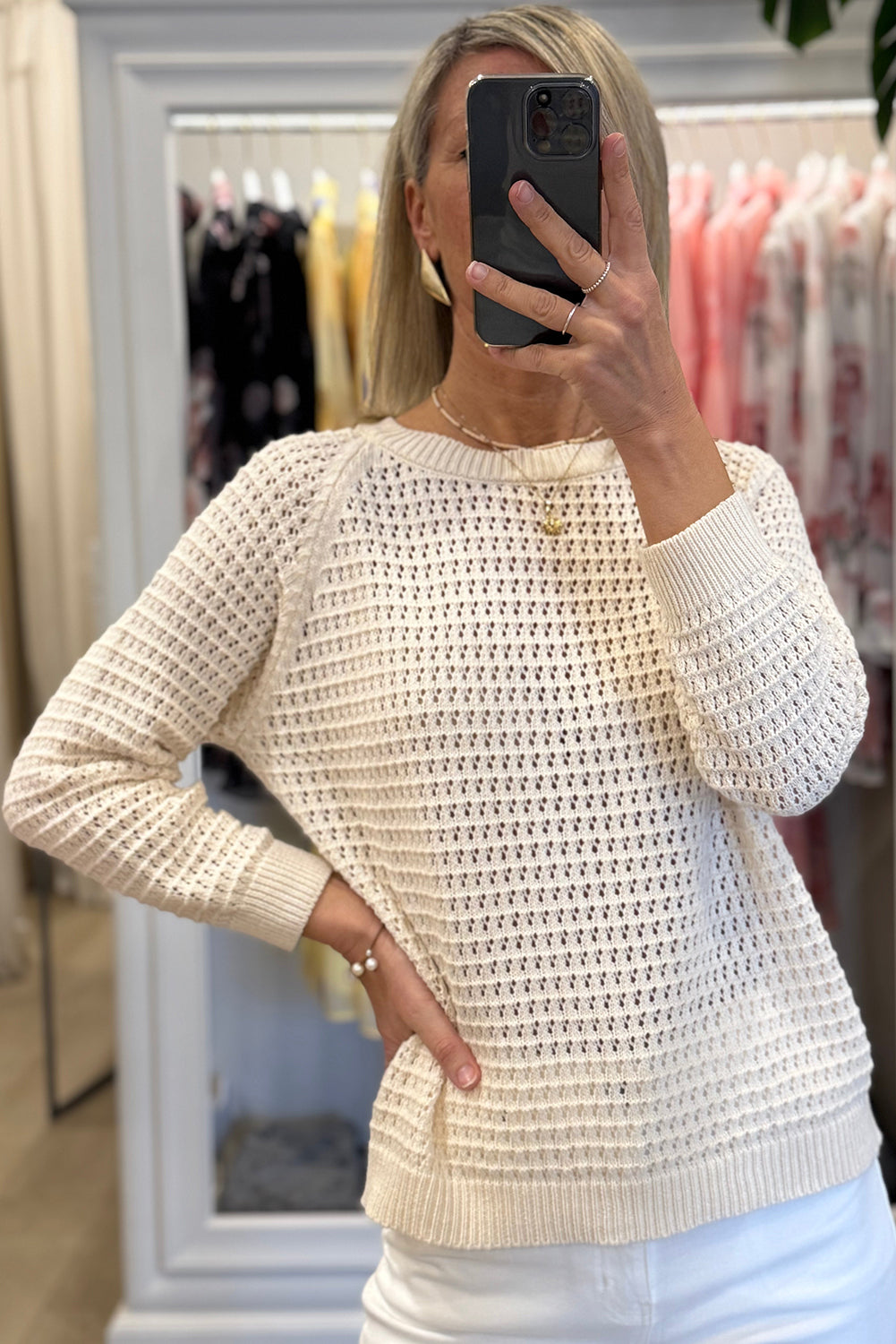 White Solid Color Pointellet Knit Raglan Sleeve Sweater