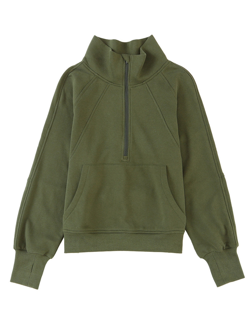 Green Ribbed Stand Collar Thumbhole Sleeve Casual Sweatshirt with Zipper
