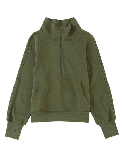 Green Ribbed Stand Collar Thumbhole Sleeve Casual Sweatshirt with Zipper
