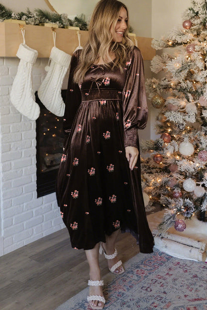 Brown Velvet Embroidered Floral Smocked Sleeve High Waist Midi Dress