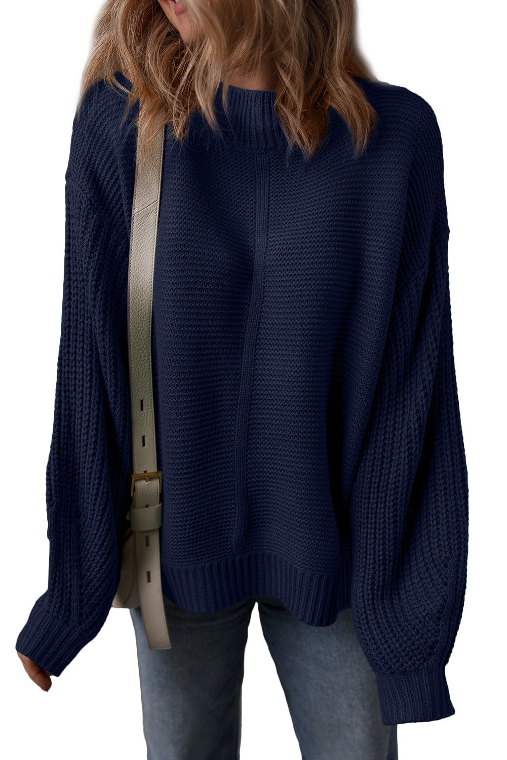Dirty blue Solid Color Front Seam Drop Shoulder Loose Sweater
