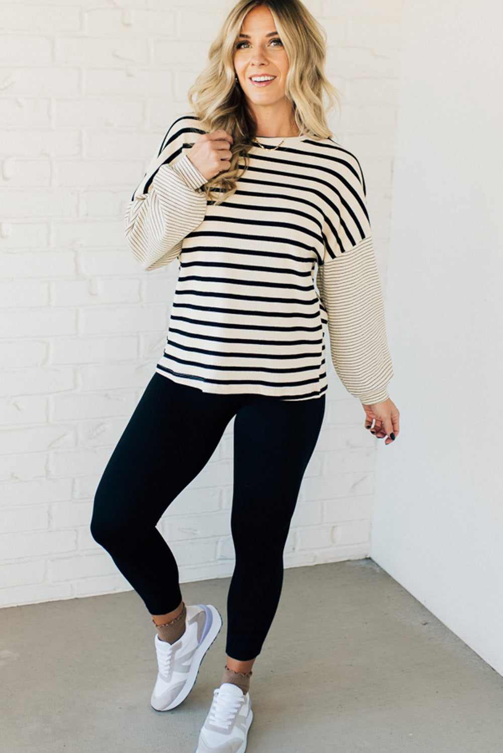 Black Stripe Mixed Pattern Thermal Knit Casual Sweatshirt