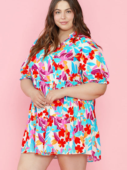 Multicolour Floral Tiered V Neck Plus Dress