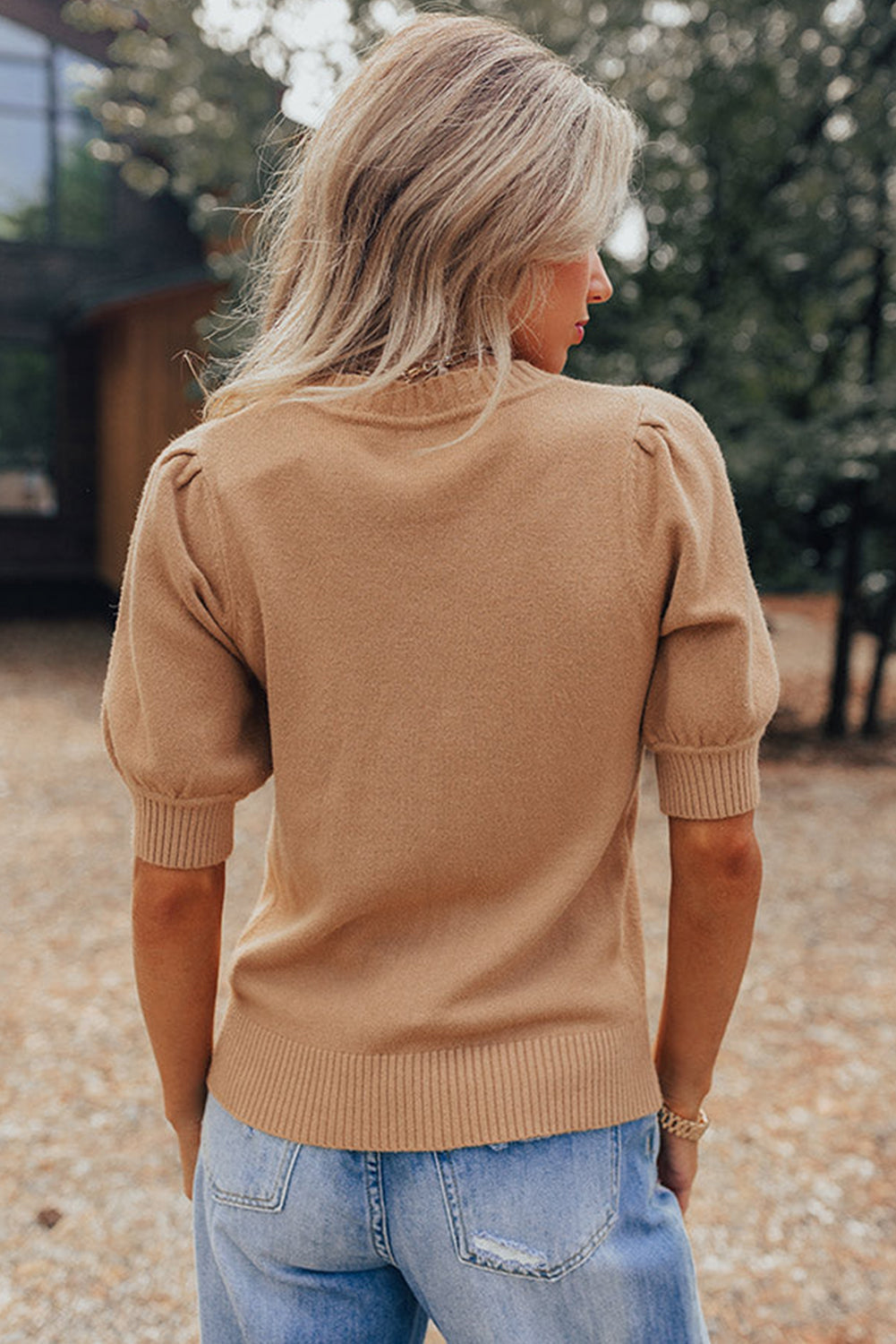 Light French Beige Solid Color Knit Short Puff Sleeve Sweater