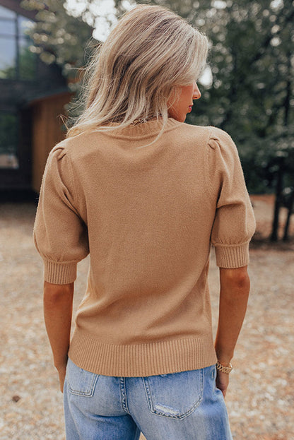 Light French Beige Solid Color Knit Short Puff Sleeve Sweater
