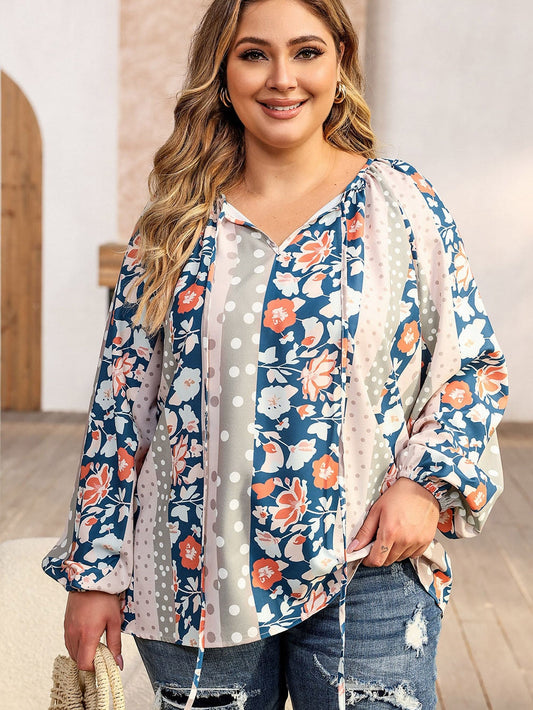 Multicolor Plus Size Mixed Print Split Neck Blouse