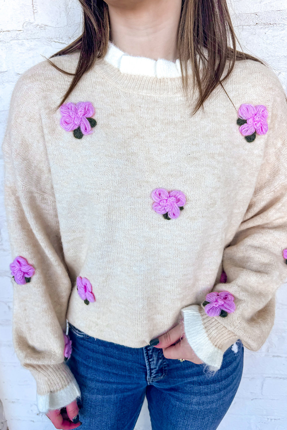 Beige Cute Flower Decor Contrast Trim Neck Cuffed Sweater