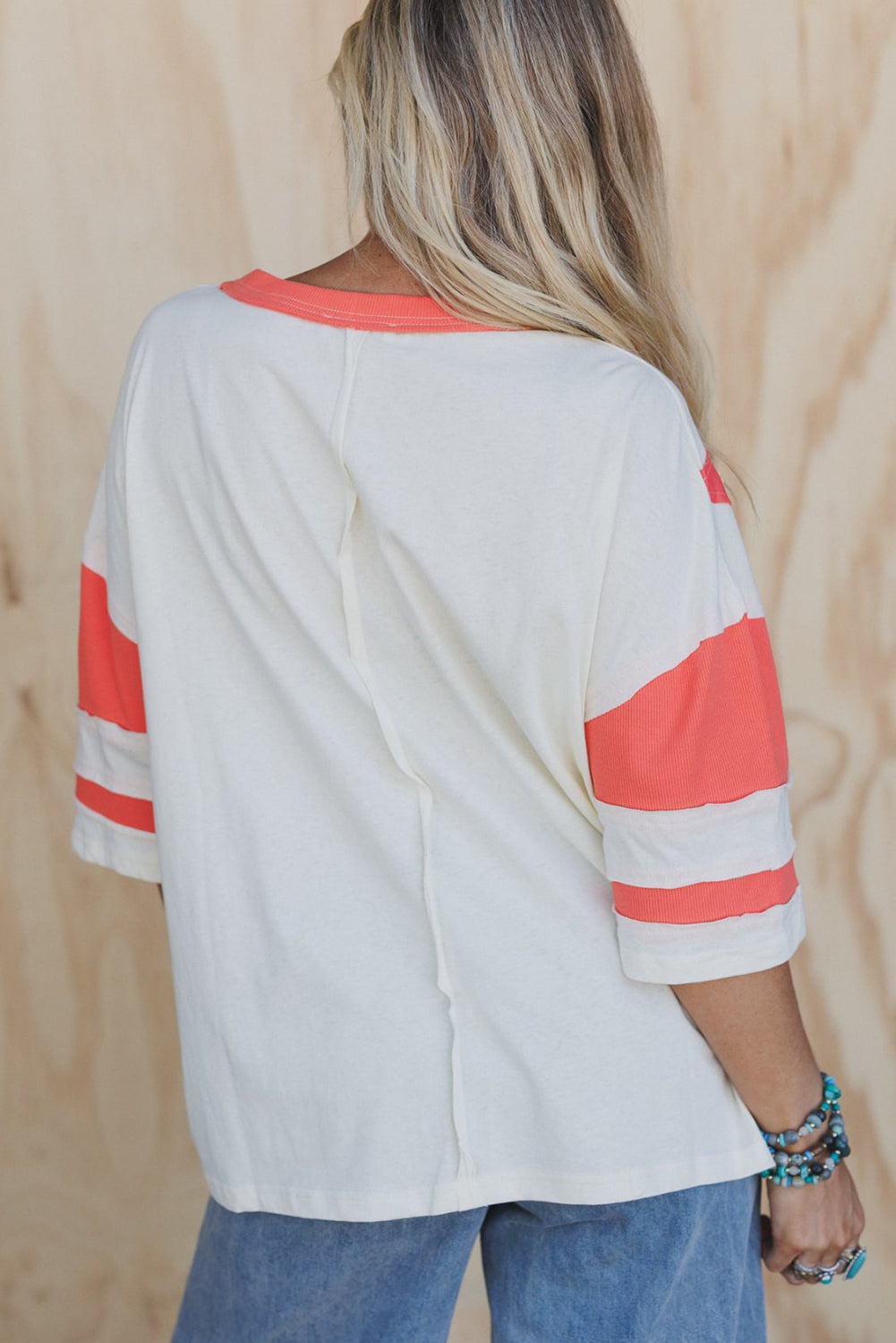 White Color Block Star Patched 3/4 Sleeve Loose Top