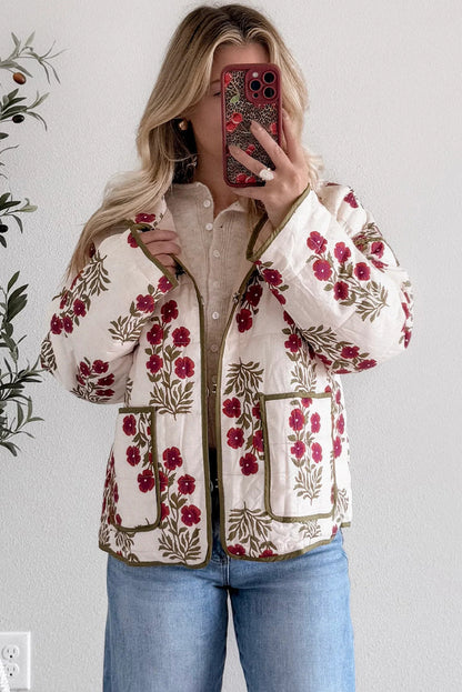 Red Floral Print Contrast Trim Quilted Winter Jacket