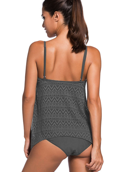 Lace Layered Grey Tankini with Adjustable Straps