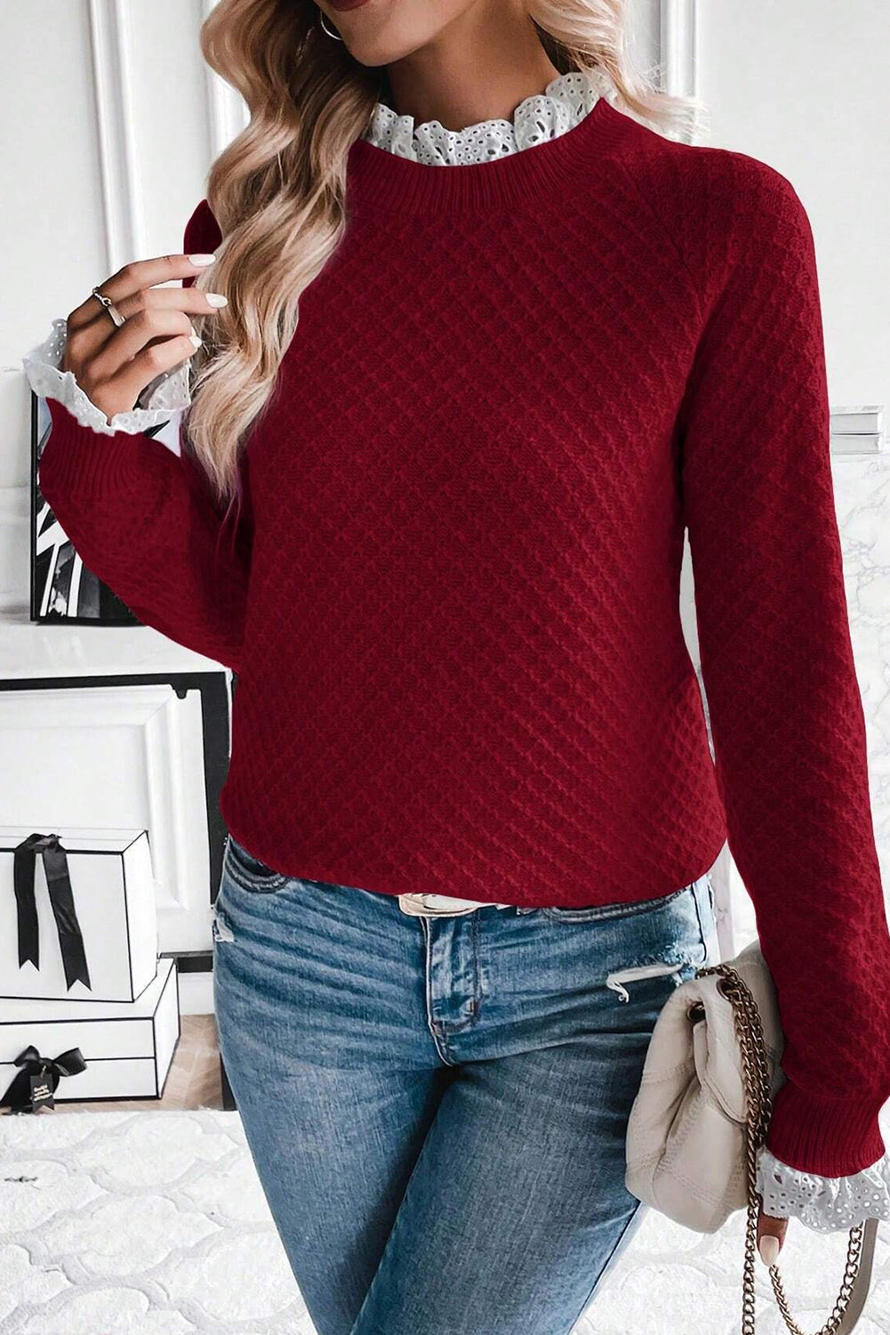 Burgundy  Contrast Lace Frilled Trim Raglan Sleeve Sweater