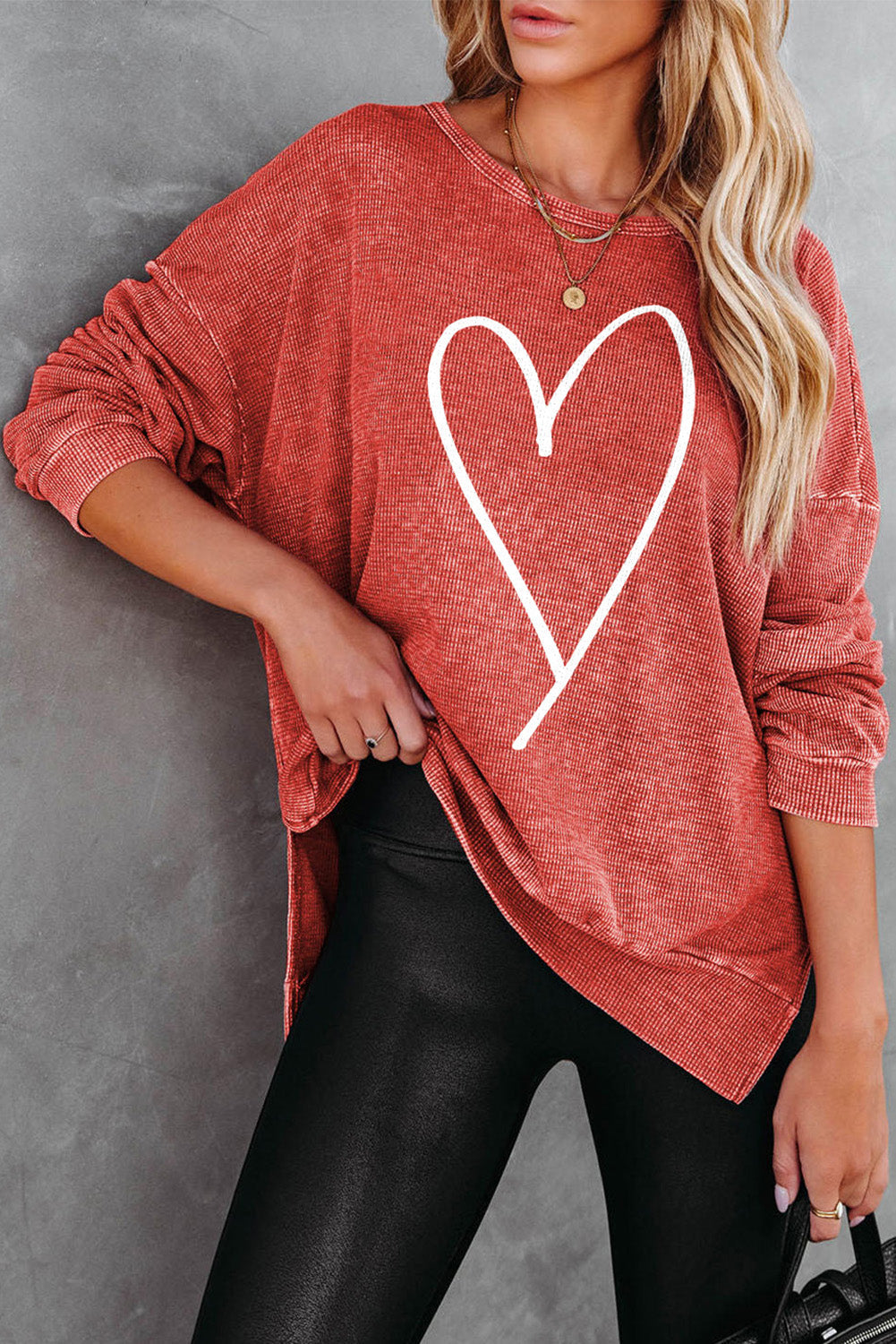 Heartfelt Red Waffle Knit High Low Long Sleeve Top