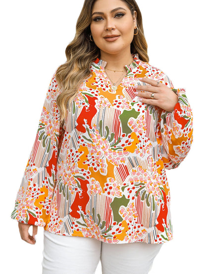 Orange Abstract Floral Frilled V-Neck Plus Size Blouse