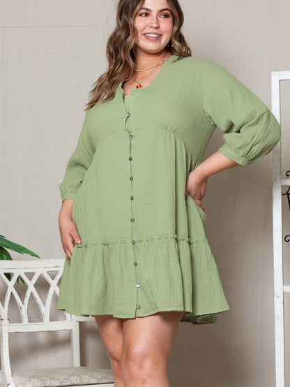 Green Textured Ruffled Buttoned V Neck Plus Size Mini Dress