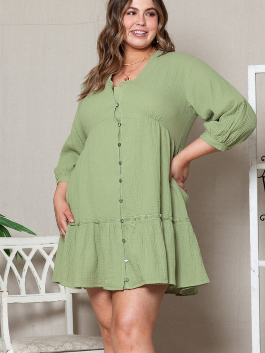 Green Textured Ruffled Buttoned V Neck Plus Size Mini Dress