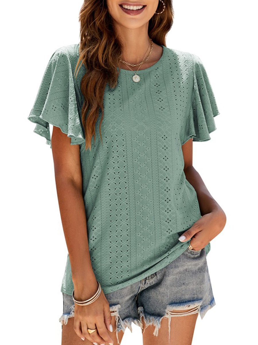 Hollow Ruffle Sleeve Casual Round Neck T-Shirt