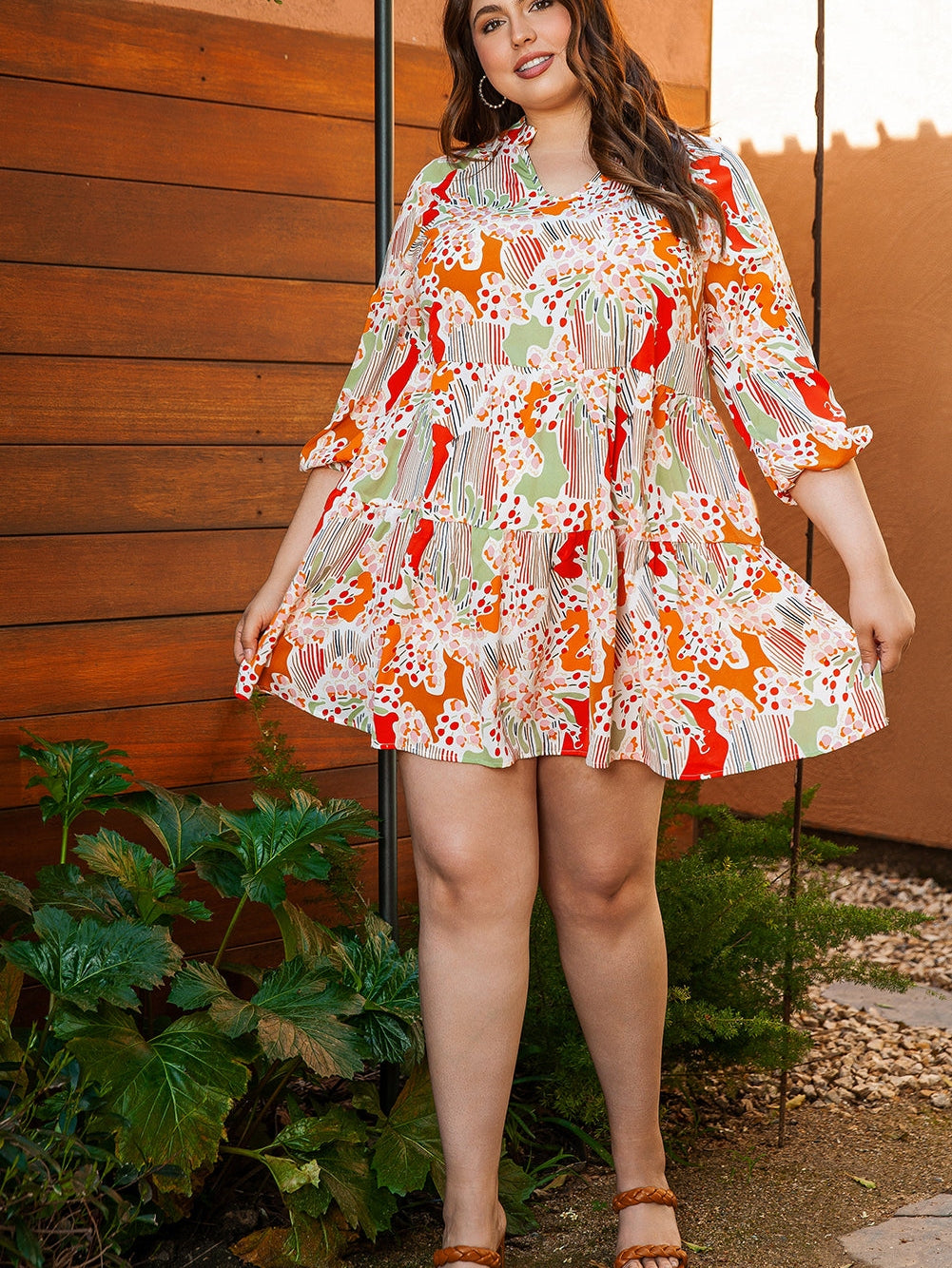 Multicolour Plus Size Mix Floral Puff Sleeve Ruffled Dress