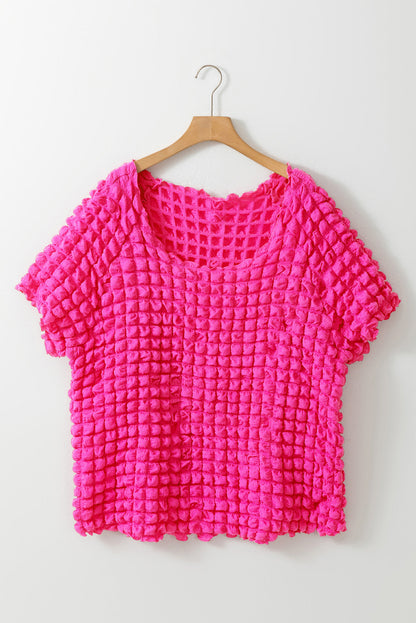Strawberry Pink Bubble Textured Square Neck Plus Size Top with Short Sleeves